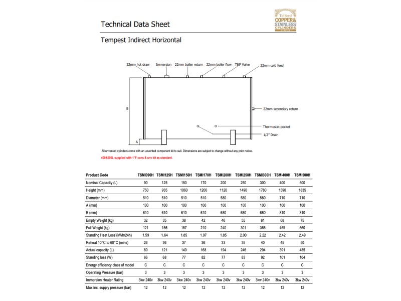 Telford Tempest InDirect 90L Horizontal Hot Water Cylinder